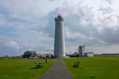 İzlanda 'da Keflavik yakınlarındaki deniz fenerinin manzarası