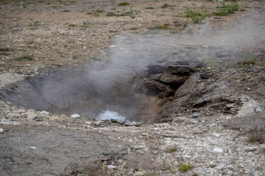 Geysir Altın Çemberinde, kaplıcadaki buharlı kayaların manzarası