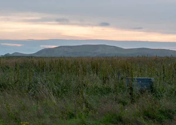 Bewolkt Landschap Van Bergen Grasvelden Bij Vik Zuid Ijsland — Stockfoto