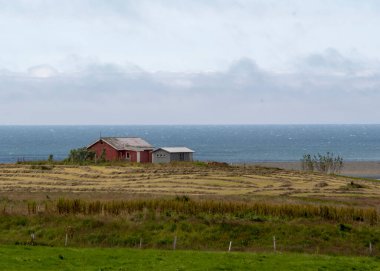 Dağlık çiftlik evi ve Black Sand Beach Vik İzlanda yakınlarındaki çayır arazisi.