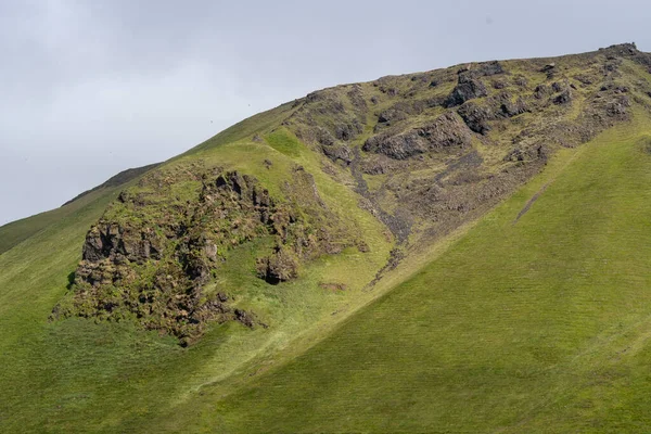 Grassig Landschap Van Kliffen Bij Het Zwarte Zand Strand Vik — Stockfoto