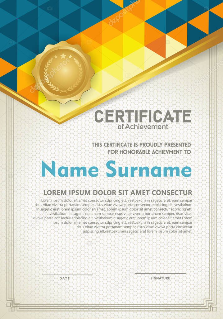 Vertical certificate template with triangle geometric polygonal frame and modern pattern background. vector illustration