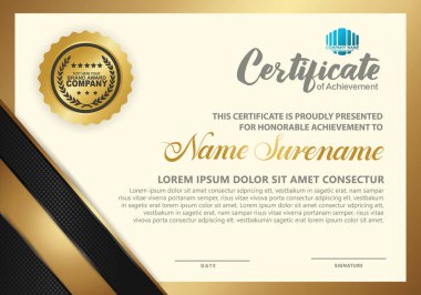 Şatafatlı modern sertifika şablonu, dokusu siyah noktalar yarım ton etkisi ve dokunun arka planında altın çizgi süsü.