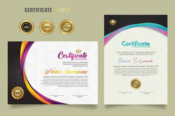Luxe Certificaat Sjabloon Met Dynamische Aantrekkelijke Kleuren Gebogen Lijn Vorm — Stockvector