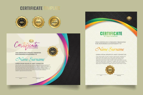 Luxury Certificate Template Dynamic Attractive Colors Curved Line Shape Ornament — Wektor stockowy