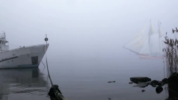 Sailboat in full sail comes up out of fog — Stock Video