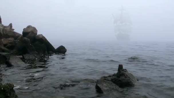 Velero en vela completa sale de la niebla — Vídeos de Stock