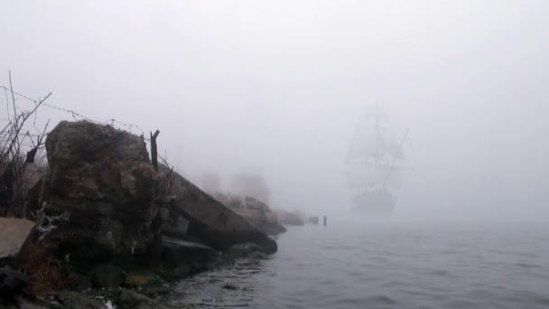 Segelbåt i fulla segel kommer upp ur dimman — Stockvideo