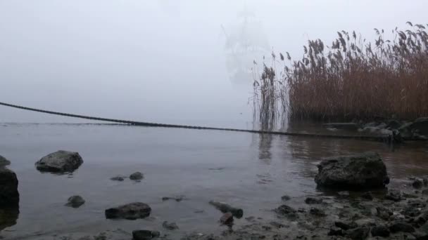 Velero en vela completa sale de la niebla — Vídeos de Stock