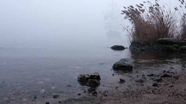 Вітрильник на повному вітрилі виходить з туману — стокове відео