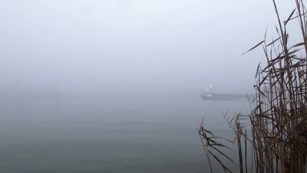 Submarine sails past the coast in the mist — Stock Video