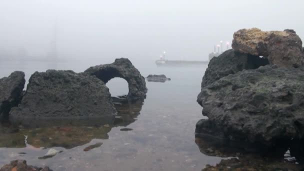 Submarine sails past the coast in the mist — Stock Video