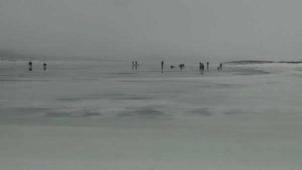 Rybacy ludzi iść siedzieć na konkursie na lodzie zimą — Wideo stockowe