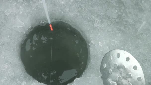 Trou de glace pour la pêche sur la glace de la rivière en hiver — Video