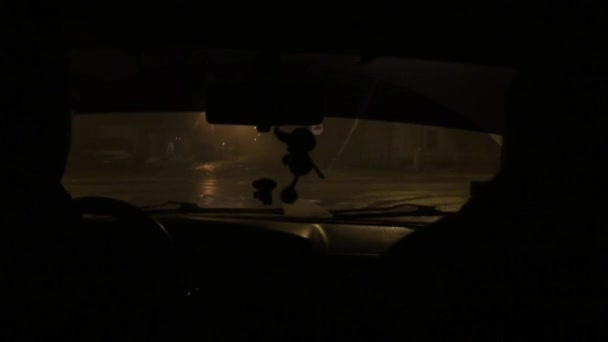 Road at night in winter by car from the passenger compartment — Stock Video