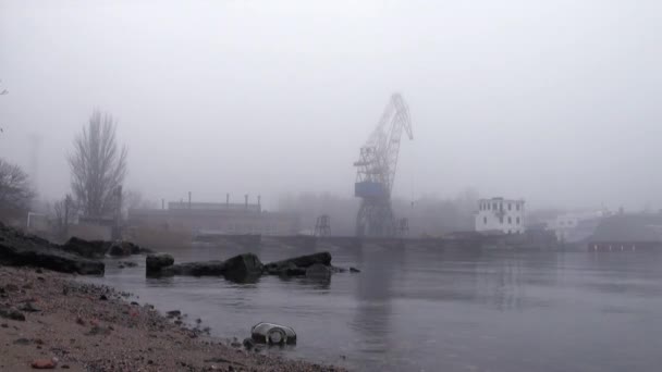 Grúas en el puerto en el río en la niebla otoño — Vídeos de Stock