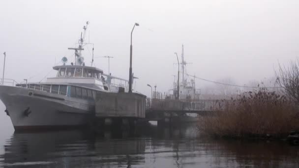 Los buques de pasaje están atracados en la niebla en el otoño del río — Vídeo de stock