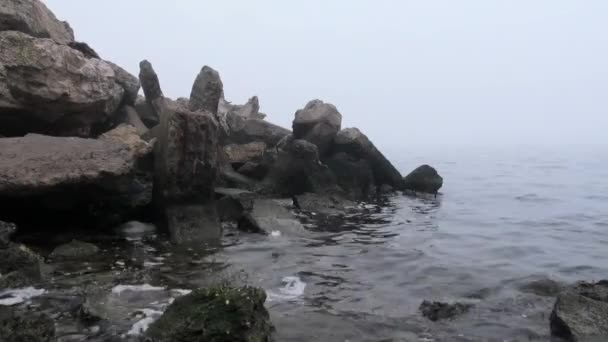 Ομίχλη, στις όχθες του ποταμού με βάρκες σε απόσταση φθινόπωρο πέτρες — Αρχείο Βίντεο