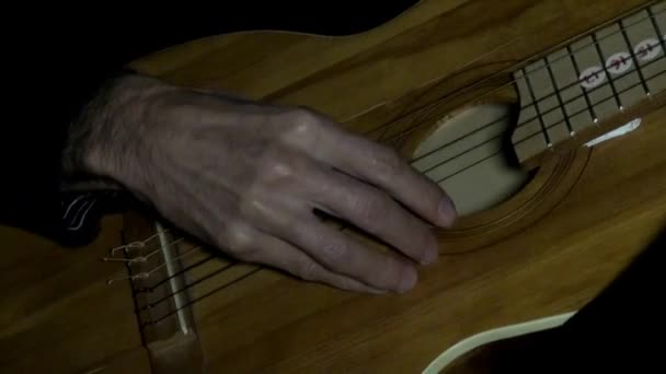 Snaren van de gitaar spelen hand tekenreeks — Stockvideo