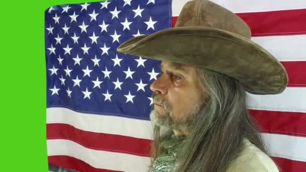 Portrait Patriot Mature Man Cowboy Long Hair Beard Hat Background — Stock Video