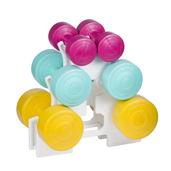 3 คู่ของ Dumbbells ที่มีสีสัน — ภาพถ่ายสต็อก