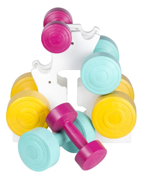 Three pairs of colorful dumbbells — Stock Photo, Image