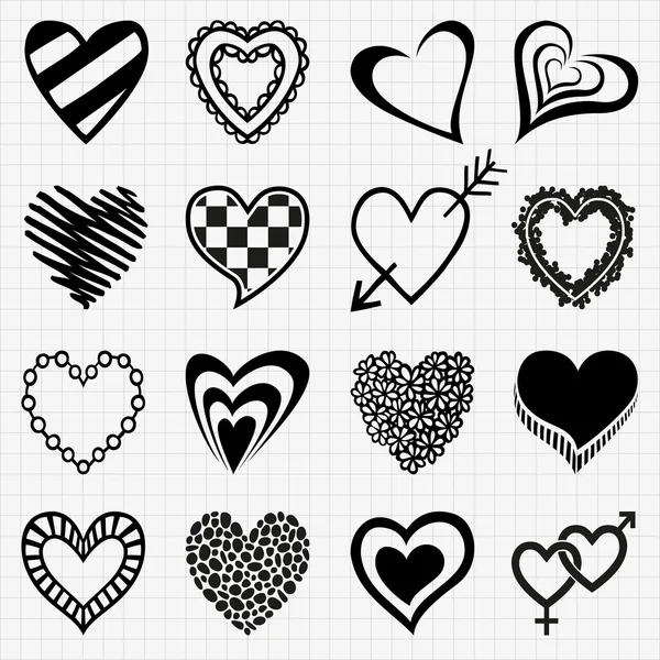 Icônes de coeur noir dessiné à la main — Image vectorielle