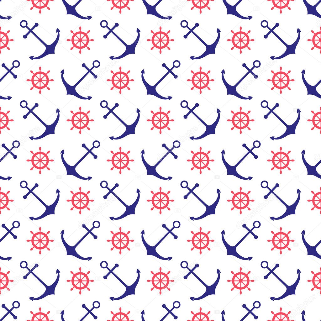 Seamless nautical background with anchors and ship wheels.