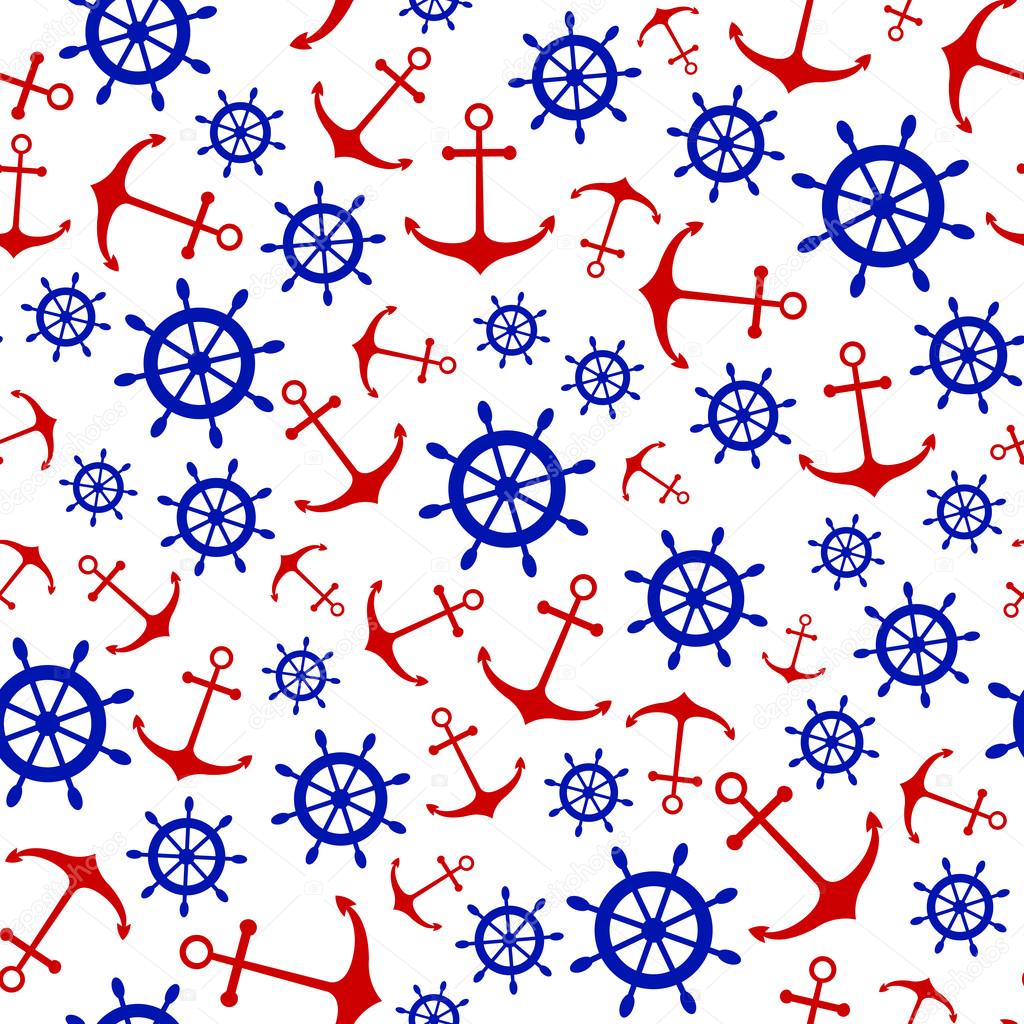 Seamless nautical pattern with scattered red anchors and blue sh