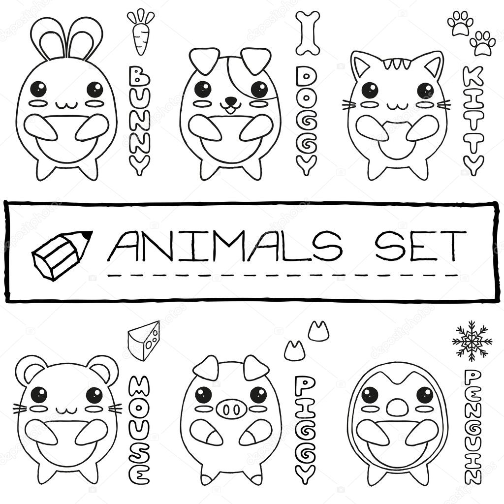 Hand drawn set of japanese style baby animals.