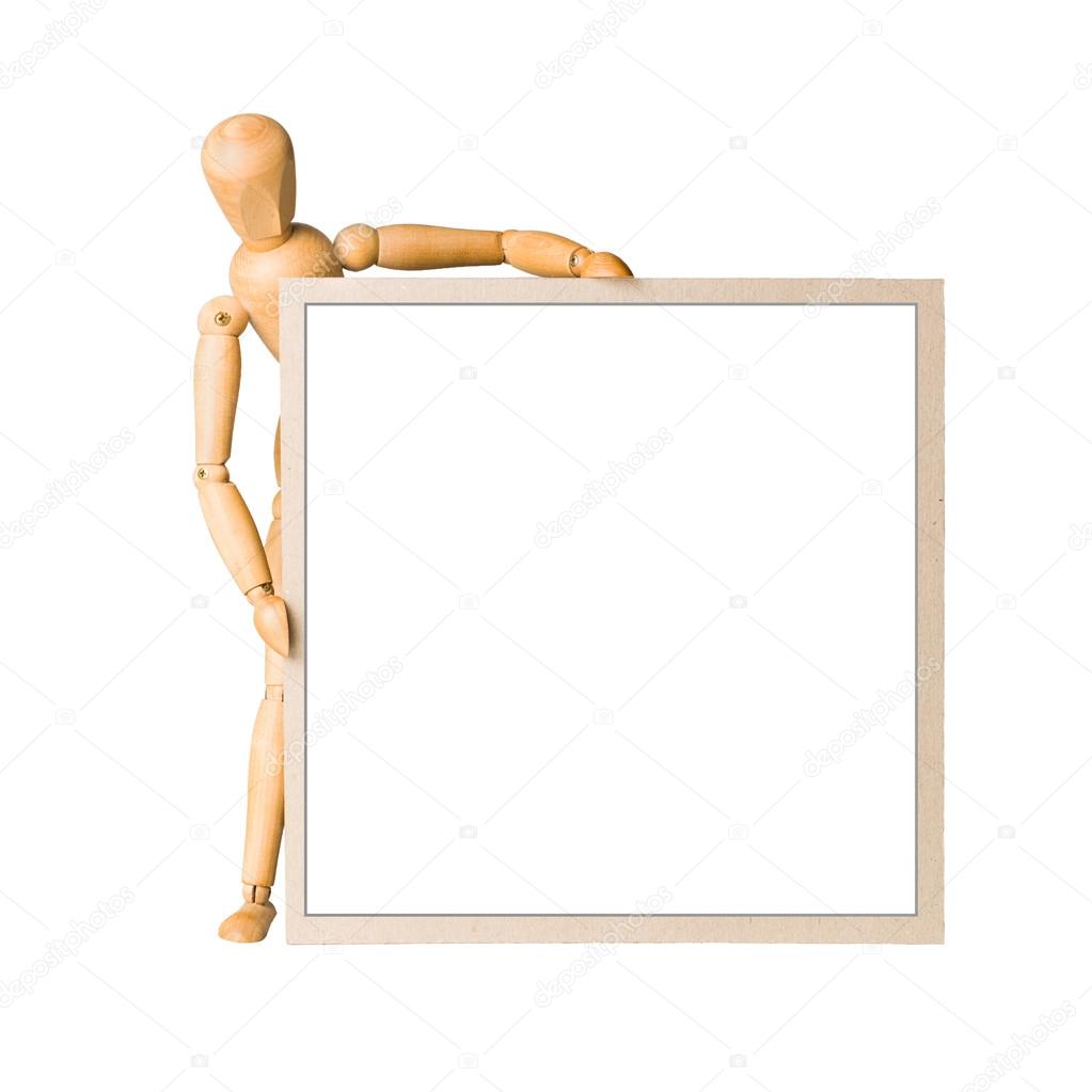 Wooden model dummy holding square cardboard frame