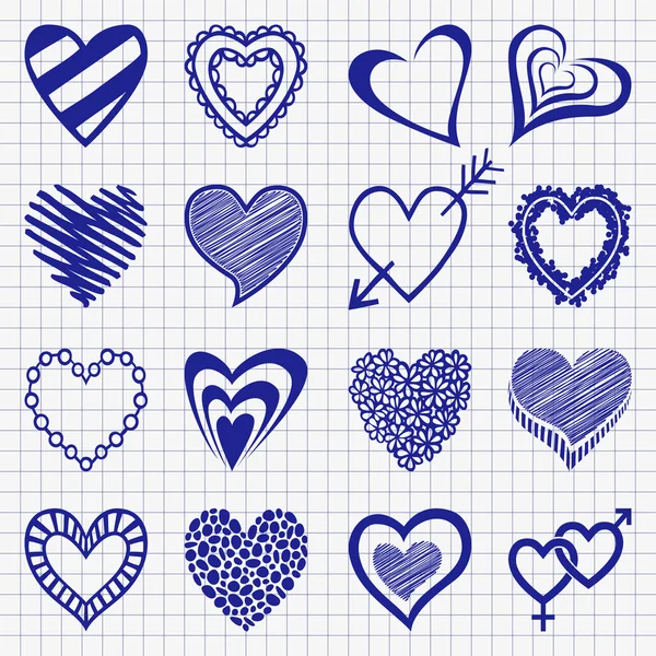 Hand drawn set of heart icons on a checkered paper background. P — Stock Vector