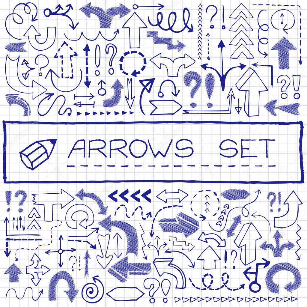 Hand drawn arrow icons with question and exclamation marks.