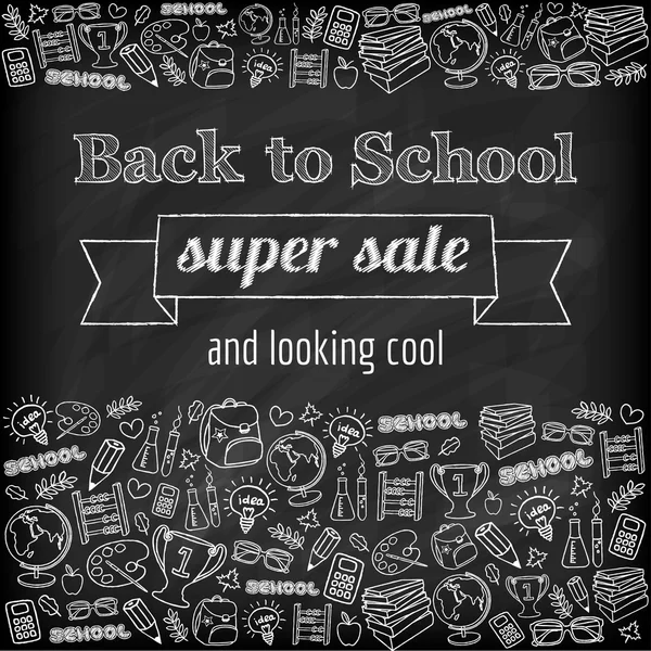 Doodle volta ao cartaz de venda super escola — Vetor de Stock
