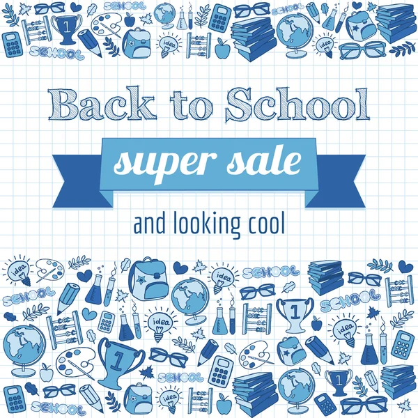 Doodle tillbaka till skolan super försäljning affisch. — Stock vektor