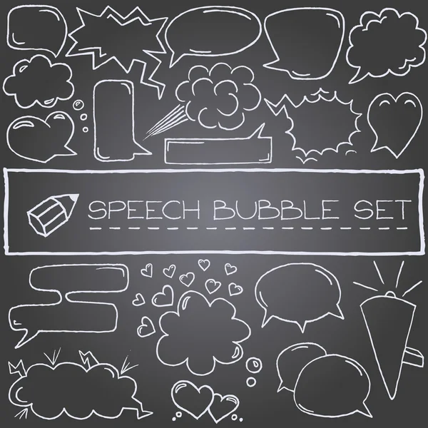 Burbujas de habla dibujadas a mano con corazones y nubes, eff pizarra — Vector de stock