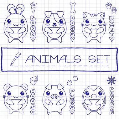 Hand drawn set of japanese style baby animals clipart