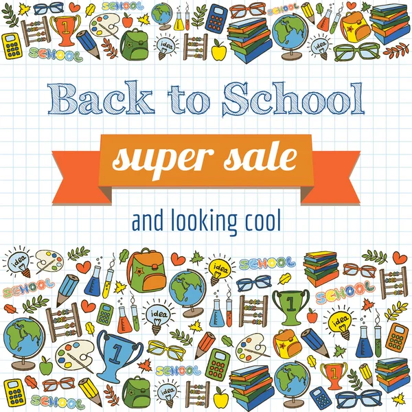 Doodle back to school super sale poster. — Stock Vector