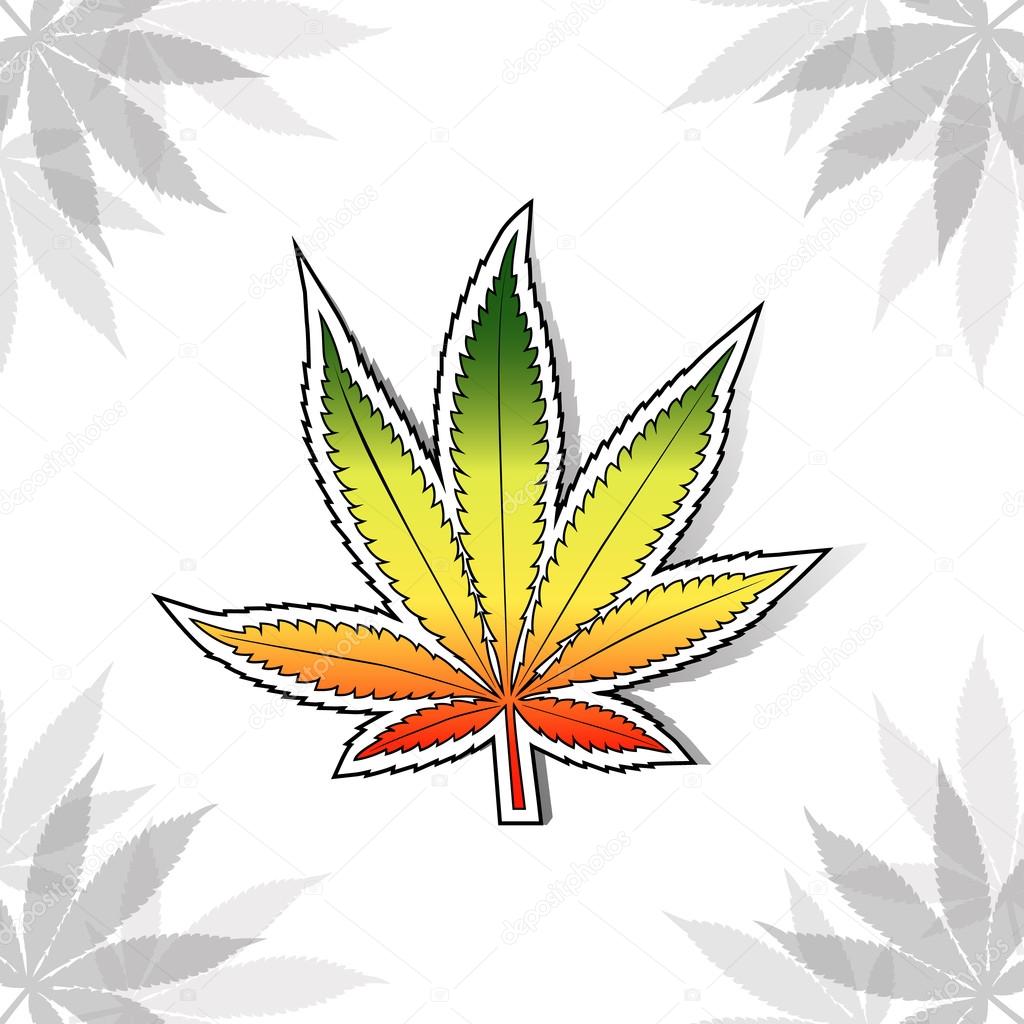 Cannabis leaf with rastafarian flag colors, horizontal.