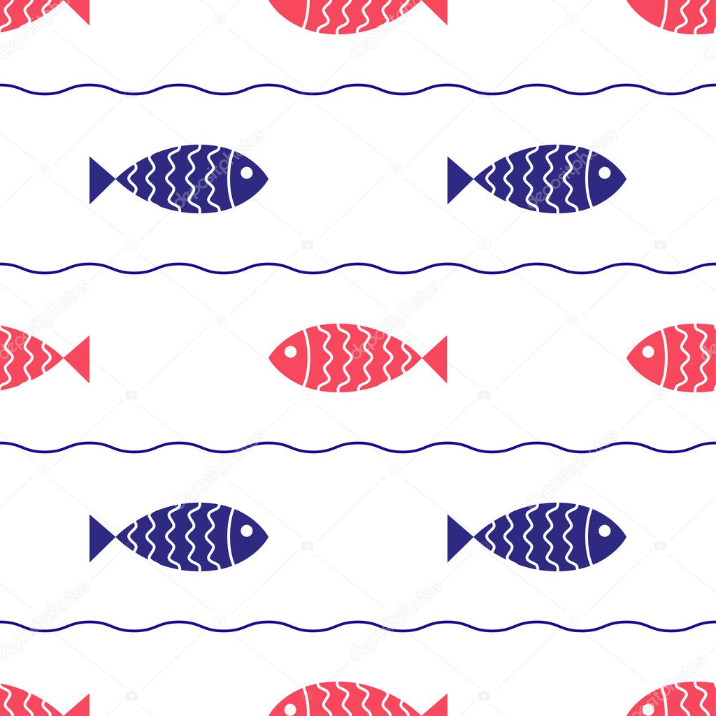 Seamless nautical pattern with fish and waves.