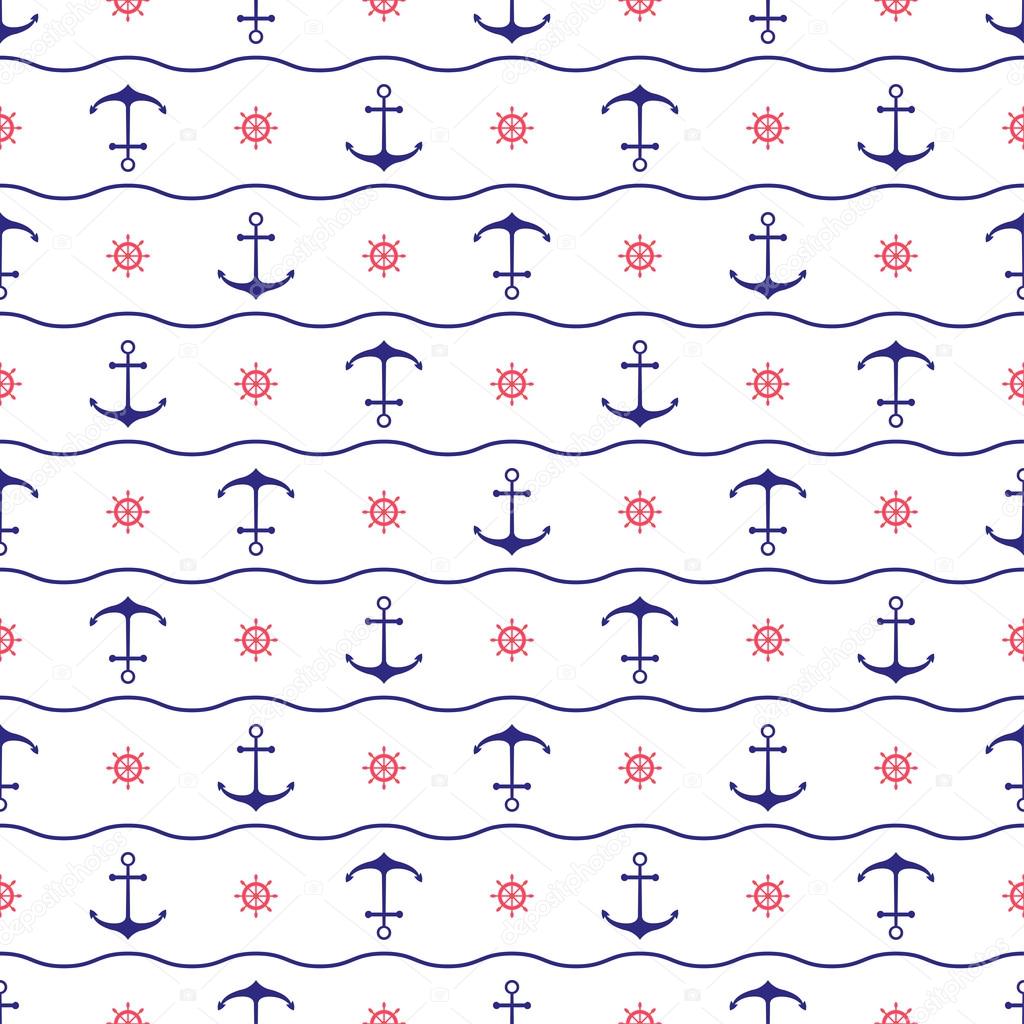 Seamless nautical background with anchors, ship wheels and waves