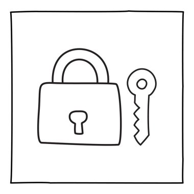 Doodle anahtarı ve asma kilit simgesi veya logosu, ince siyah çizgili el çizimi. Grafik tasarım ögesi beyaz arkaplanda izole edildi. Vektör illüstrasyonu