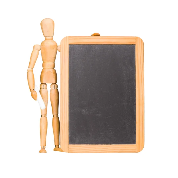 Wooden mannequin and chalkboard — Stock Photo, Image