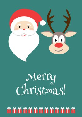 Mutlu Noeller tebrik kartı. Dekoratif davet şablonu. Noel Baba, ren geyiği ve hediyeler. Kırmızı fiyonklu bir poster. Mesaj için yer. Kırmızı fiyonklu tatil temalı tasarım.