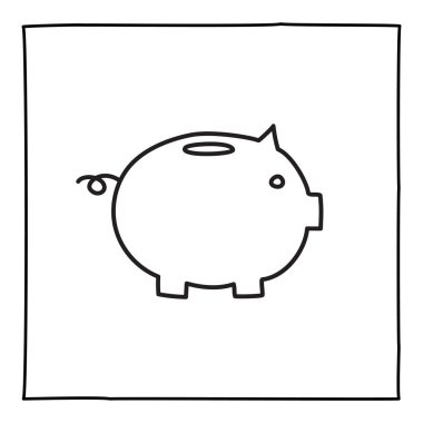 Doodle Piggy banka ikonu ya da logosu, ince siyah çizgili. Beyaz arka planda izole edilmiş. Vektör illüstrasyonu