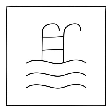 Yüzme havuzu merdiveni simgesi, ince siyah çizgili. Beyaz arka planda izole edilmiş. Vektör illüstrasyonu