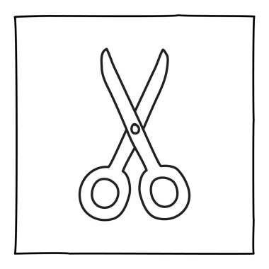 Makas simgesi ya da logo, ince siyah çizgili el çizimi. Beyaz arka planda izole edilmiş. Vektör illüstrasyonu