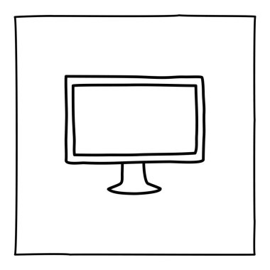 Doodle bilgisayar ekranı simgesi ya da logosu, ince siyah çizgili el çizimi. Beyaz arka planda izole edilmiş. Vektör illüstrasyonu