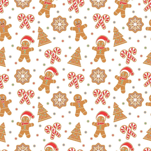 Різдвяний Безшовний Візерунок Імбирним Чоловічим Печивом Сніжинка Різдвяна Ялинка Цукеркова — стоковий вектор
