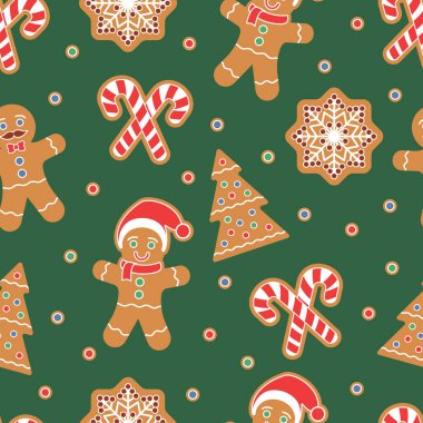 Noel temalı kusursuz desen. Zencefilli kurabiye. Kar tanesi, Noel ağacı, şeker kamışı. Paketleme kağıdı, baskılar, hatıra defteri için grafik tasarım ögesi. Tatil temalı tasarım